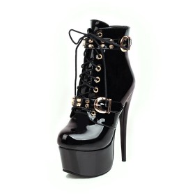 Stiletto Metal Jewelry Studded Booties 15 cm High Heels Classic Black Round Toe Platform