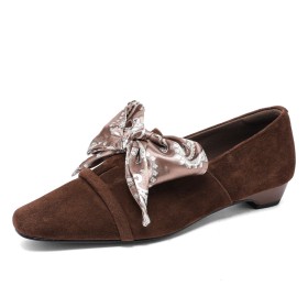 Cerimonia Con Fiocco Punta Quadrata Comode Tacco Largo Tacco Basso Pelle Scarpe Eleganti Mocassino Camoscio