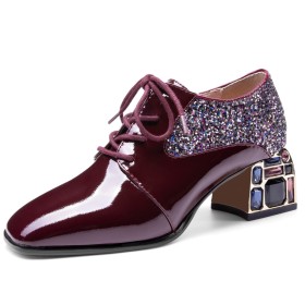 ワイン レッド エレガント 3センチ ローヒール 靴 グリッター キラキラ レース アップ シュー ティー 靴 4821250464F-Burgundy