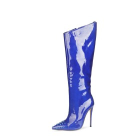 Fermeture Éclair Bleu Roi Brillante Équitation Clouté Fluo Fourrees Talons Aiguilles Talon Haut Vernis Moderne Bottes Hautes Femme