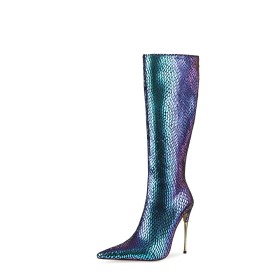 Ombre Pointed Toe Patent Leather Fashion Fur Lined Stiletto 5 inch High Heel Slate Blue Mid Calf Boots Snake Print