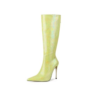 High Heel Pointed Toe Fur Lined Sparkly Mid Calf Boot Stiletto Yellow Gradient