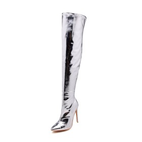 Lak Hoge Laarzen Dames Zilveren Metallic High Heel Overknee Boots