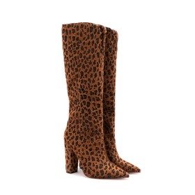 Fur Lined Leopard Classic 11 cm High Heel Fur Knee High Boot Tall Boot Block Heel Brown