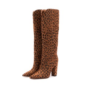 Fur Lined Leopard Classic 11 cm High Heel Fur Knee High Boot Tall Boot Block Heel Brown