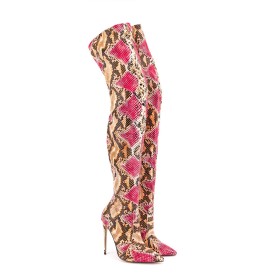 Gevoerde Embossed Highheel Lak Veelkleurig Hoge Laarzen Dames Naaldhakken Overknee Boot Slangenprint Sexy