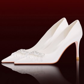 Elegante Brautschuhe Pumps Kristall Spitz Schuhe High Heels Comfort Mit Fransen Weiß Ballschuhe Stilettos