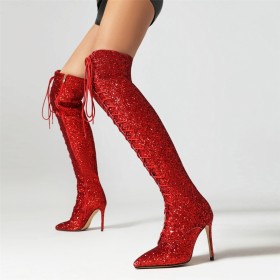 Veterlaarzen Overknee Boots Sparkle Laarsjes dames 10 cm Hoge Hak Glitter Naaldhakken