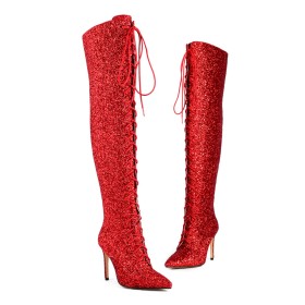 Veterlaarzen Overknee Boots Sparkle Laarsjes dames 10 cm Hoge Hak Glitter Naaldhakken