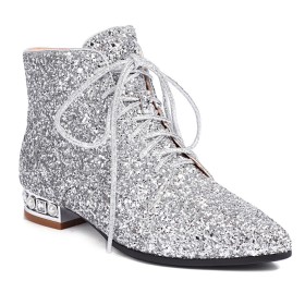 Stylish Sparkly Comfort Lace Up Party Shoes Flat Shoes Silver Glitter With Pearl Pointed Toe Booties