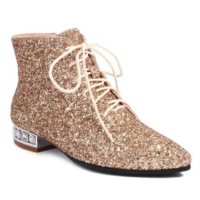 Enkellaarsjes Dames Glitter Galaschoenen Gevoerde Sparkle Gouden Veter