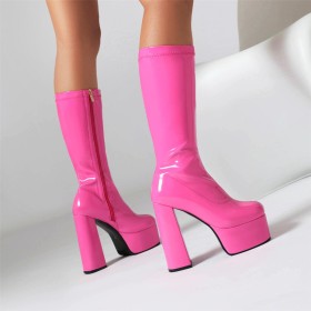 14 cm High Heel Patent Winter Mid Calf Boots For Women Block Heel Classic Round Toe