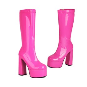 14 cm High Heel Patent Winter Mid Calf Boots For Women Block Heel Classic Round Toe