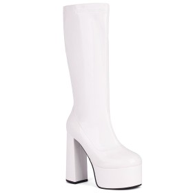 Block Heel White 14 cm High Heels Patent Chunky Boots Platform Classic Round Toe