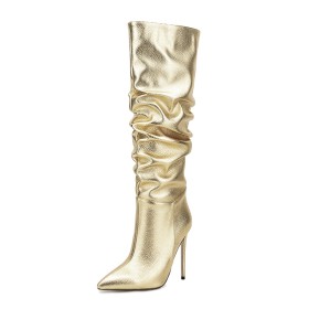 Sparkly Knee High Boot Gold Slouch 12 cm High Heels Stiletto Tall Boots Faux Leather Snake Print