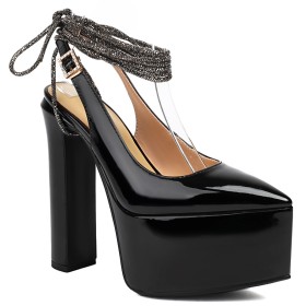 6 inch High Heel Ankle Tie Black Platform Elegant Block Heel Formal Dress Shoes Pointed Toe Belt Buckle Faux Leather Chunky Heel Pumps