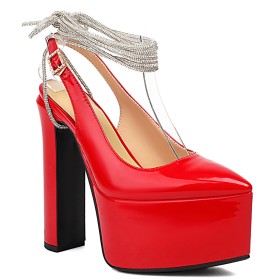Thick Heel 6 inch High Heel Block Heels Platform Faux Leather Dress Shoes Red Elegant Rhinestones Patent Closed Toe Pointed Toe Spring Pumps Ankle Tie