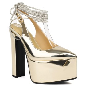 Plateau Elegante Goldene Mit 15 cm High Heel Pumps Metallic Mit Schnürung Moderne Mit Strasssteine Mit Blockabsatz Schuhe Damen