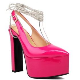 Con Strass Scarpe Moda Con Lacci Alla Caviglia Eleganti 15 cm Tacchi Alto Plateau Scarpe Cerimonia Tacco Largo A Punta Fucsia Décolleté