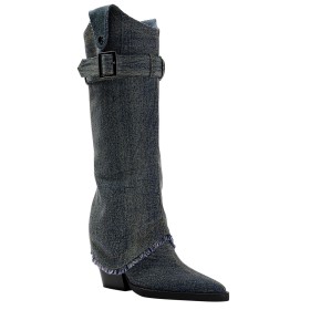 Blokhak Laarsjes dames 8 cm Highheel Denim Knie Laarzen Zwarte