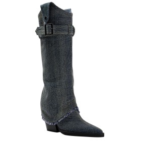 Mit Blockabsatz Schwarze Denim Stiefel Boots Damen Mit 8 cm Hohe Absatz Kniehohe