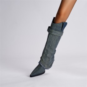 Mit Blockabsatz Schwarze Denim Stiefel Boots Damen Mit 8 cm Hohe Absatz Kniehohe