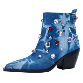 Comfort Chunky Going Out Footwear Block Heels Pointed Toe Crystal With Rhinestones Closed Toe Mid Heels Booties Stylish Ombre Royal Blue