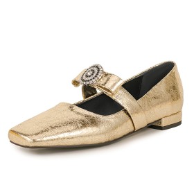 Business Casual Chunky Heel 3 cm Low Heel Mary Janes Sparkly Gold Ankle Strap Rhinestones Block Heel Stylish Comfortable