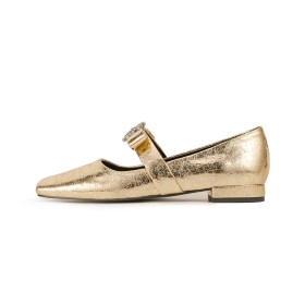 Scarpe Oro Comode Con Strass Pelle Moda Tacco Largo Tacchi Basso 3 cm Con Cinturino Alla Caviglia