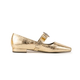 Scarpe Oro Comode Con Strass Pelle Moda Tacco Largo Tacchi Basso 3 cm Con Cinturino Alla Caviglia