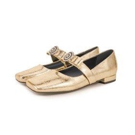 Scarpe Oro Comode Con Strass Pelle Moda Tacco Largo Tacchi Basso 3 cm Con Cinturino Alla Caviglia