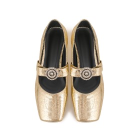 Scarpe Oro Comode Con Strass Pelle Moda Tacco Largo Tacchi Basso 3 cm Con Cinturino Alla Caviglia