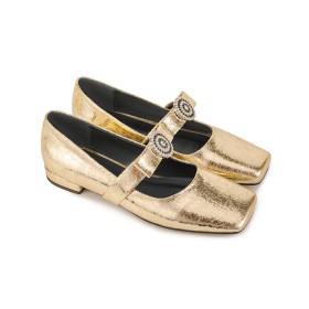 Scarpe Oro Comode Con Strass Pelle Moda Tacco Largo Tacchi Basso 3 cm Con Cinturino Alla Caviglia