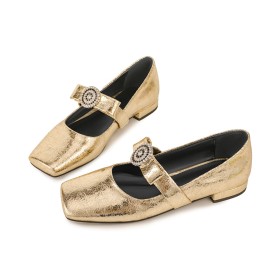 Business Casual Chunky Heel 3 cm Low Heel Mary Janes Sparkly Gold Ankle Strap Rhinestones Block Heel Stylish Comfortable