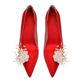 Mid High Heeled Vintage Flowers Red Satin Rhinestones Wedding Shoes Stiletto Heels Evening Party Shoes Pumps