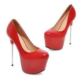 Lederimitat Pfennigabsatz Plateau 15 cm High Heel Schlupfschuhe Rote Mode Mit Rote Sohle Pumps Schuhe Damen