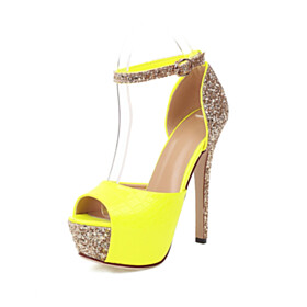 14 cm High Heel Sandals Open Toe Classic Stiletto Heels Sparkly Glitter Faux Leather Platform