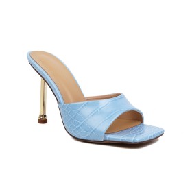 Embossed Sandals Light Blue Patent Leather Stiletto Open Toe Crocodile Printed High Heel Faux Leather Classic
