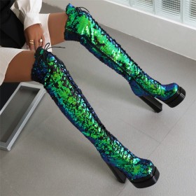 Glitzernden Stiefel Poledance 15 cm High Heels Schnürschuhe Mit Blockabsatz Overknee Stiefel Farbverlauf Mode Gefütterte