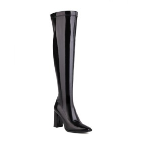 Patent Faux Leather Fur Lined High Heel Tall Boots Chunky Thigh High Boots For Women 2022 Block Heels Riding Boot