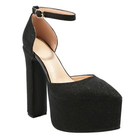 Met Blokhak Glitter Zwarte 2023 Plateau Sandaal 15 cm Hoge Hakken Sparkle Met Enkelbandje Pumps Going Out Sexy