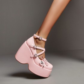 Chunky Heel Pink Cute Faux Leather Round Toe 5 inch High Heel Ankle Strap Patent With Metal Jewelry Block Heels