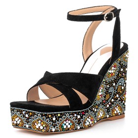 Beach Fashion Belt Buckle Sweet Heart Black With Rhinestones Espadrilles Sandals Wedge Platform Bohemian Peep Toe Round Toe With Crystal Ankle Strap Strappy