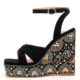Beach Fashion Belt Buckle Sweet Heart Black With Rhinestones Espadrilles Sandals Wedge Platform Bohemian Peep Toe Round Toe With Crystal Ankle Strap Strappy