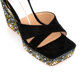 Beach Fashion Belt Buckle Sweet Heart Black With Rhinestones Espadrilles Sandals Wedge Platform Bohemian Peep Toe Round Toe With Crystal Ankle Strap Strappy