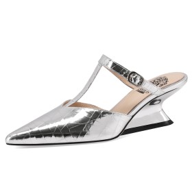 Argento Platino Luccicante Zeppa Business Casual A Punta Sandali Moda Mules Pitonati Pelle Eleganti 5 cm Tacco Basso Comode