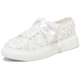 Platform Bridal Shoes Flat Shoes Womens Shoes Comfort Lace Sneakers Lace Up White Satin Modern With Flower
