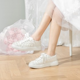 Scarpe Da Sposa Plateau Punta Chiusa Scarpe A Fiori Stringate Piatti Con Fiocco Sneakers Comode