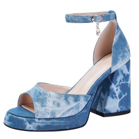 Jeans Mit 10 cm High Heels Hellblau Sexy Blockabsatz Farbverlauf Sandaletten Mode Rund Mit Strasssteine