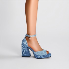 Denim Peep Toe Sexy Sandals Rhinestones Chunky Heel 4 inch High Heel Light Blue Block Heel Gradient Ankle Strap